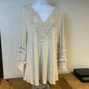 CHICO’s Sz M Cream Boho Crocheted Sleeve Artsy Free Spirited Lagenlook